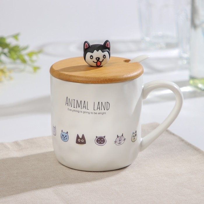 Кружка керамическая с деревянной крышкой и ложкой «Зверята», 360 мл, рисунок МИКС Кружка керамическая с деревянной крышкой и ложкой «Зверята», 360 мл, рисунок МИКС