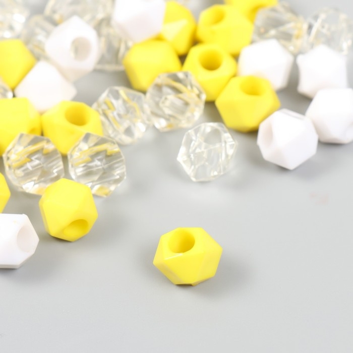 Бусины пластик "Кристалл многогранник. Жёлтый, белый, прозрачный" набор 30 гр 1х1х1 см