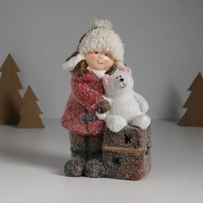 Сувенир керамика свет Сувенир керамика свет "Малышка в красном пальто, с мишкой на подарке" 12х6,5х20 см