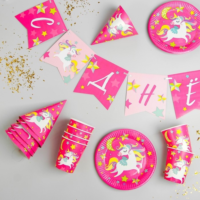 Набор бумажной посуды одноразовый С днём рождения. Единорожек&raquo;, 6 тарелок, 6 стаканов, 6 колпаков, 1 гирлянда