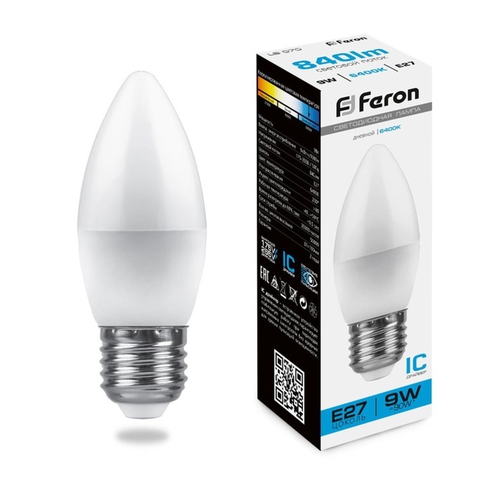 Лампа светодиодная FERON,  Лампа светодиодная FERON, "Свеча", Е27, 9 Вт, 230 В, 6400 К