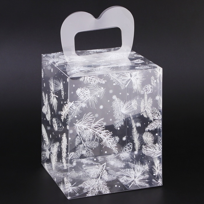 Новый год. Коробка подарочная новогодняя складная ПВХ Новый год. Коробка подарочная новогодняя складная ПВХ "Новогодние веточки" 12 х 12 х 15 см.
