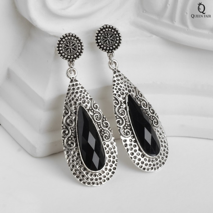 Серьги висячие со стразами «Капля» мотивы этники, цвет чёрный в чернёном серебре, 7 см Серьги висячие со стразами «Капля» мотивы этники, цвет чёрный в чернёном серебре, 7 см