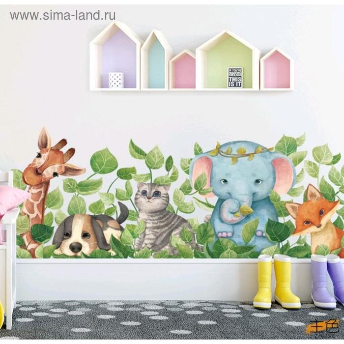Наклейка пластик интерьерная Наклейка пластик интерьерная "Зверята в траве"набор 2 листа 30х75 см