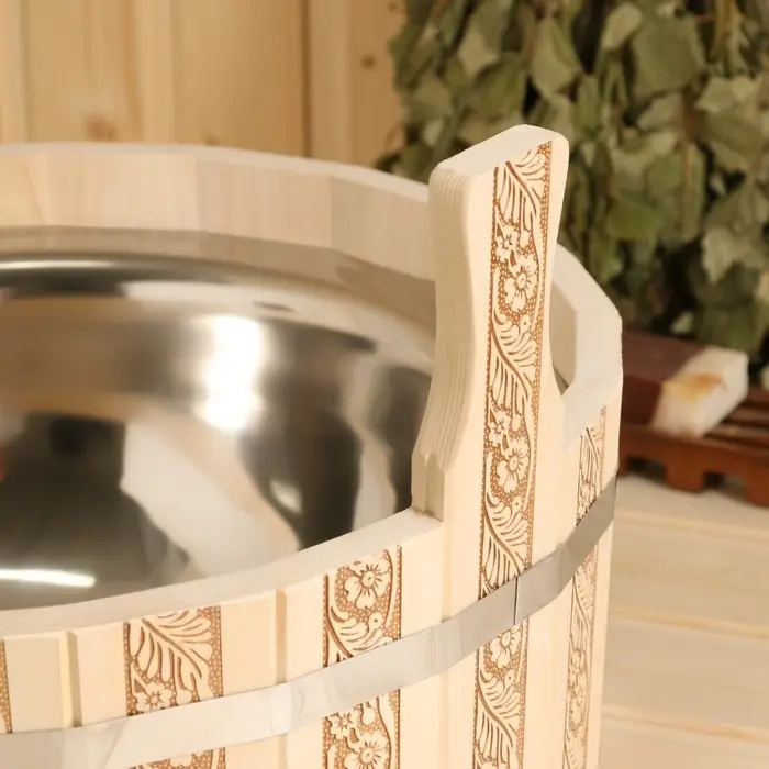 Шайка - таз для бани и сауны &laquo;Русские узоры&raquo;, 15 л, деревянная, нержавеющая вставка, &laquo;Добропаровъ&raquo;