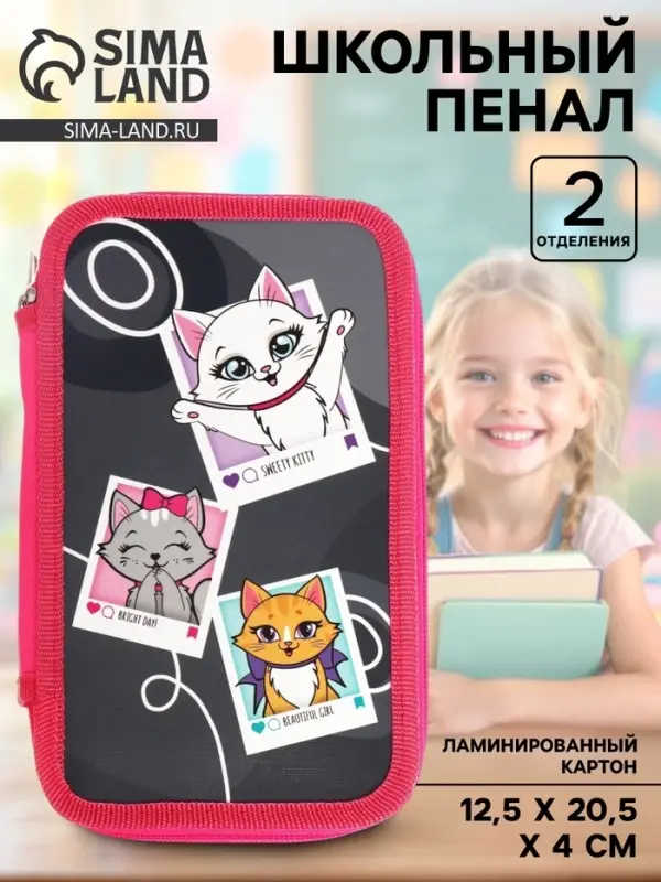 Пенал школьный, 2 секции, 12.5&times;20.5&times;4 см &laquo;Котята&raquo;