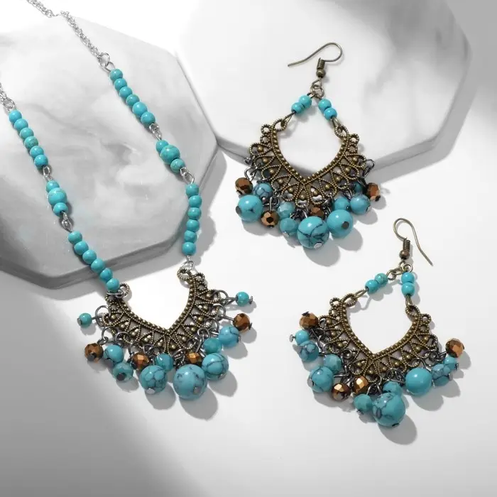 Набор 2 предмета: серьги, колье «Индия», цвет голубой в чернёном серебре, 32 см Набор 2 предмета: серьги, колье «Индия», цвет голубой в чернёном серебре, 32 см