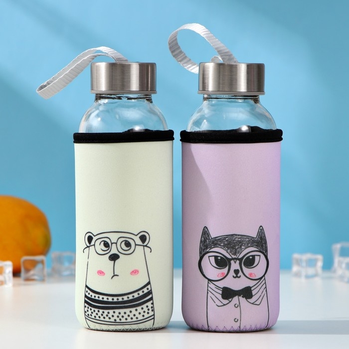 Бутылка для воды стеклянная в чехле «Лучшие друзья», 300 мл, h=16,5 см, рисунок МИКС Бутылка для воды стеклянная в чехле «Лучшие друзья», 300 мл, h=16,5 см, рисунок МИКС