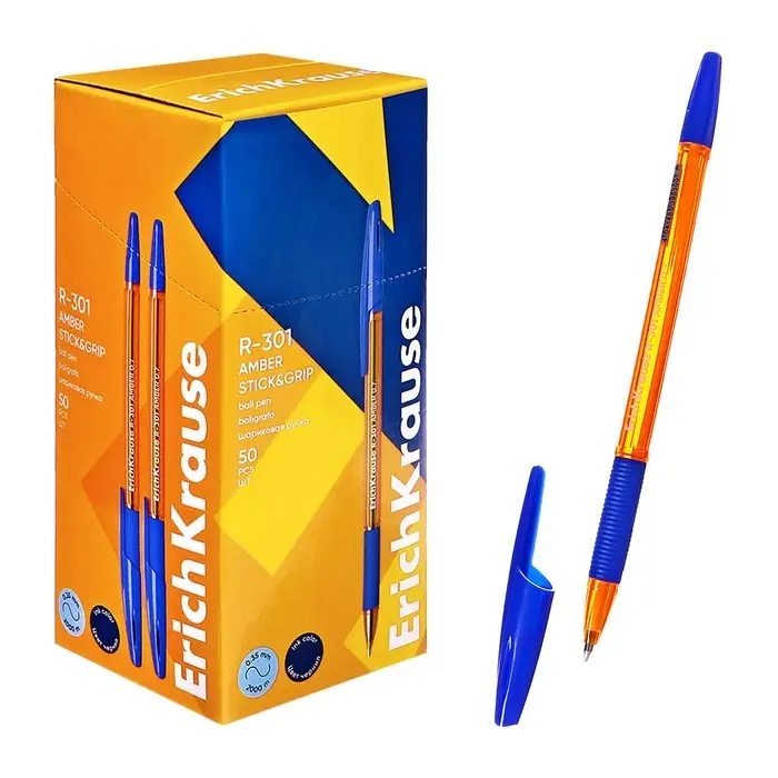 Ручка шариковая ErichKrause R-301 Amber Stick & Grip, узел 0.7 мм, чернила синие, резиновый держатель, длина линии письма 2000 метров