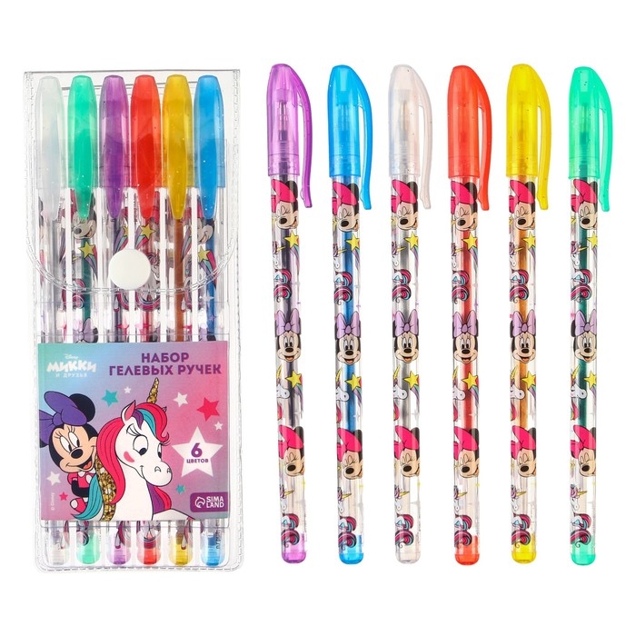 Набор гелевых ручек с блёстками, 6 цветов, Единорог, Минни Маус