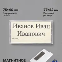 Бейдж горизонтальный, внешний размер 77&times;42 мм, внутренний размер 75&times;40 мм, на магните