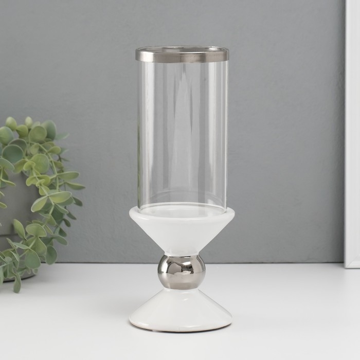 Подсвечник керамика, стекло на 1 свечу  Подсвечник керамика, стекло на 1 свечу "Параллели" d=7,5 см белый с серебром 9,5х9,5х24 см