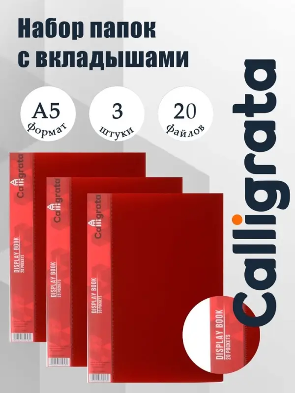 Набор папок А5, 20 вкладышей, Calligrata, карман на корешке, красные, 3 штуки