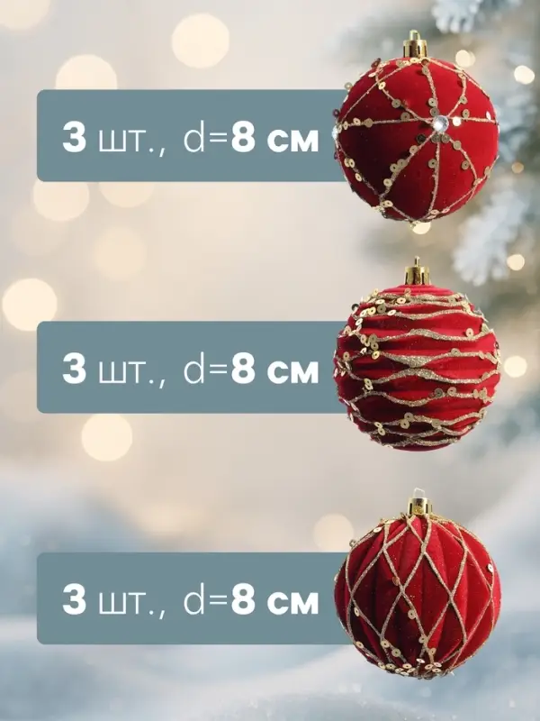 Ёлочные шары новогодние «Бархат. Фестиваль», набор 9 шт., d=8 см, геометрия, красный