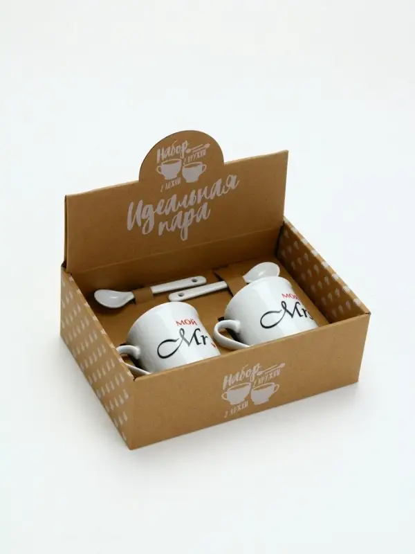 Кружки керамические парные «Мистер и Миссис», 2 шт. по 180 мл., ложка 2 шт.
