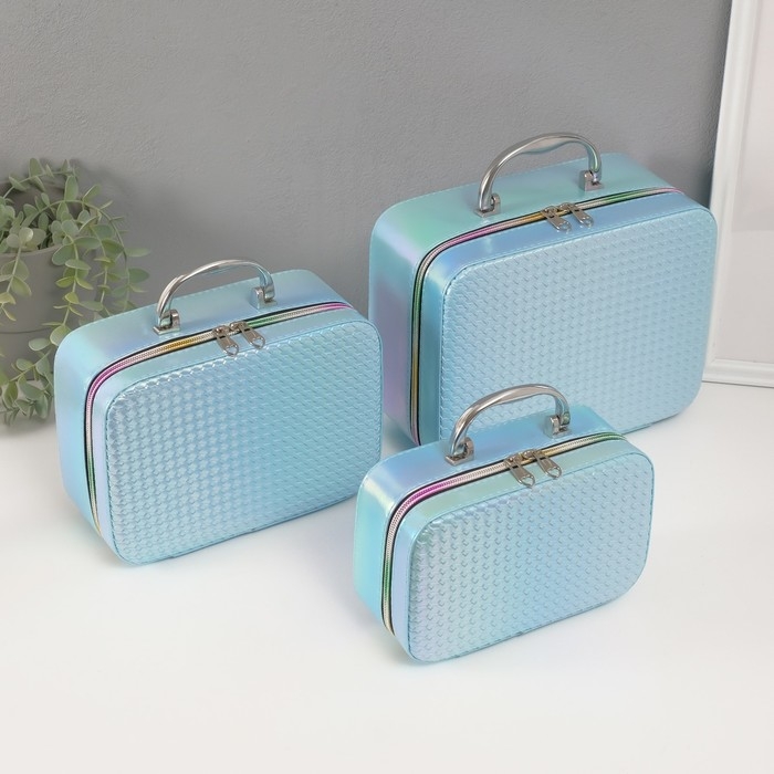 Шкатулка кожзам с зеркалом Шкатулка кожзам с зеркалом "Плетение" голубая н-р 3 шт 19,4х12,5х8 22х16х9 11,5х24,5х18,5 см
