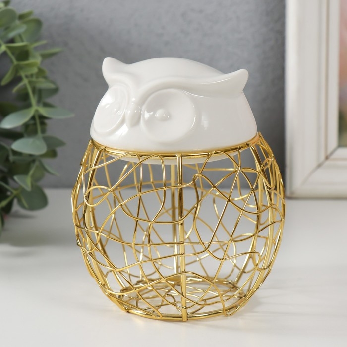 Шкатулка металл, керамика  Шкатулка металл, керамика "Филин. Каракули" белая 10х10х11,5 см