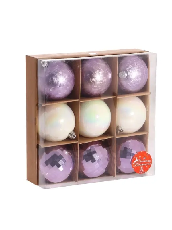 Ёлочные игрушки &laquo;Элит диско&raquo;, шары новогодние, набор 9 шт., d=8 см, сиреневый/белый