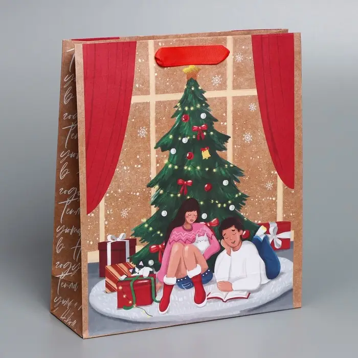 Пакет подарочный новогодний крафтовый &laquo;Уют в доме&raquo;, M 26 х 30 х 9 см