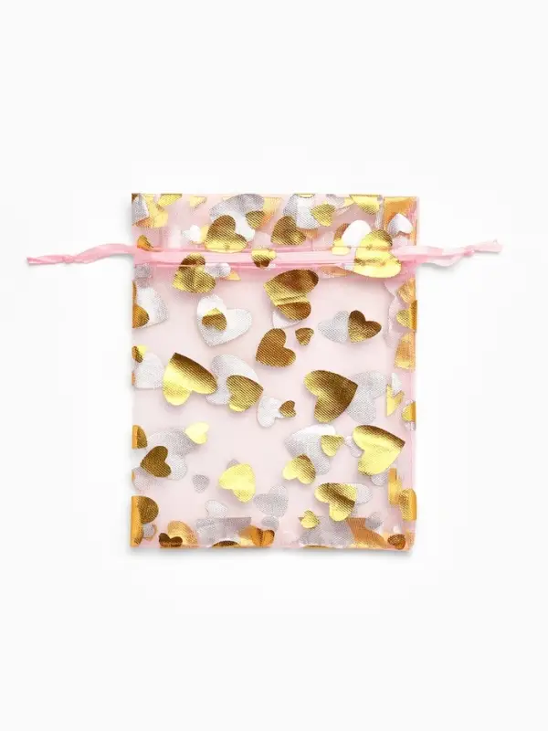 Набор мешочков подарочных 100шт.  "Сердечки", 10*12, цвет розовый с золотом (4621385)