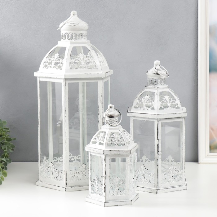 Подсвечник металл, стекло Подсвечник металл, стекло "Фонарь - ажурная башня" н-р 3 шт d-8, 13, 16 см белый 48х23 см