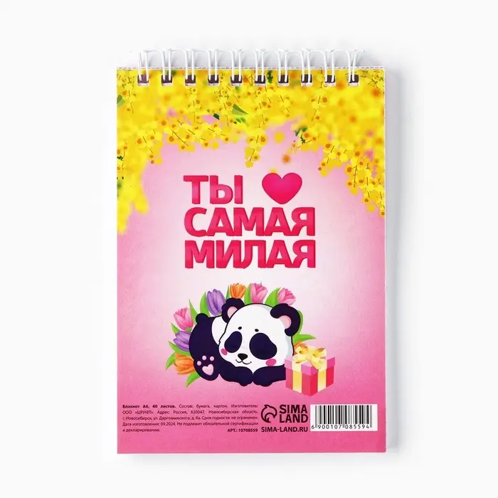 Блокнот «Панда, 8 Марта», А6, 40 листов в клетку, обложка картон