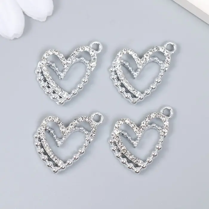 Декор для творчества металл, стразы "Два сердечка" серебро 2х2 см Декор для творчества металл, стразы "Два сердечка" серебро 2х2 см