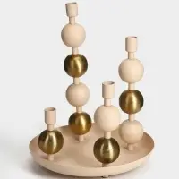 Подсвечник на 4 свечи на тарелке со сферами, 25.5&times;22.5&times;32 см, бежевый