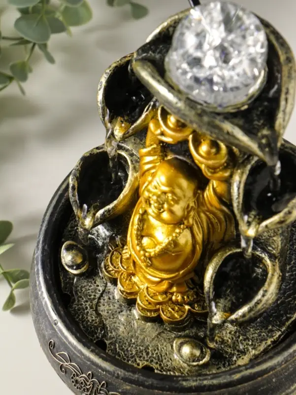 Фонтан настольный от сети, подсветка "Хотей с двумя слитками золота" 16х16х20 см