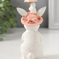 Сувенир полистоун "Белая зайка в розовой цветочной шляпке с зонтиком и цыплятами" 14,5 см