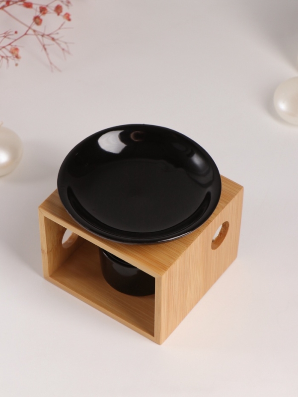 Аромалампа бамбук, керамика с подставкой под свечу "Строгие линии" чёрная 9,8х9,8х8 см