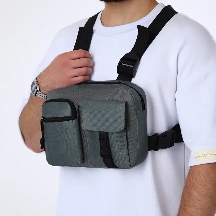 Сумка нагрудная на молнии, 2 наружных кармана, 21&times;3.5&times;16 см, серая
