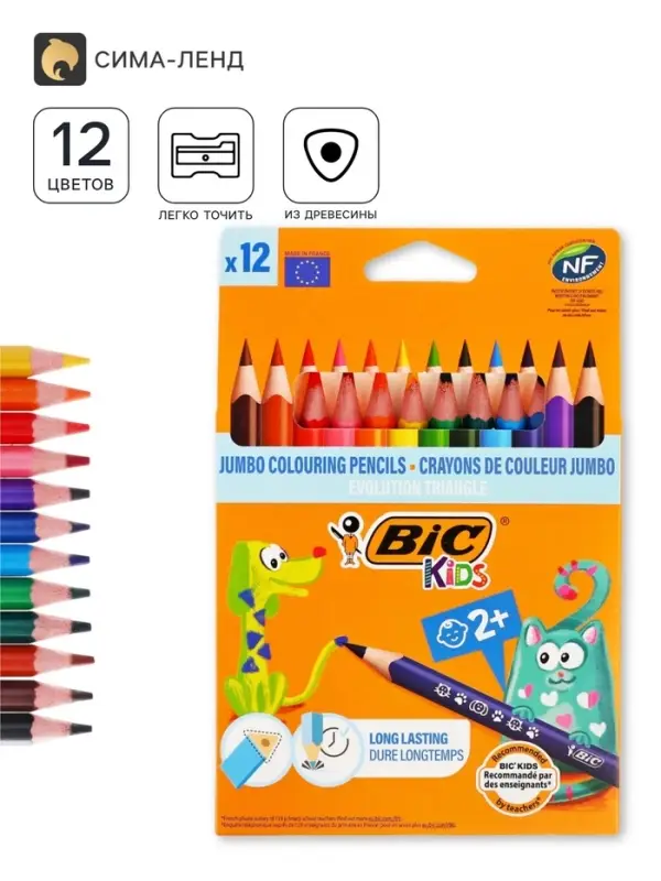 Карандаши цветные 12 цветов, детские, утолщённые, трёхгранные, BIC Kids Evolution Triangle, пластиковые, премиум, картонная упаковка