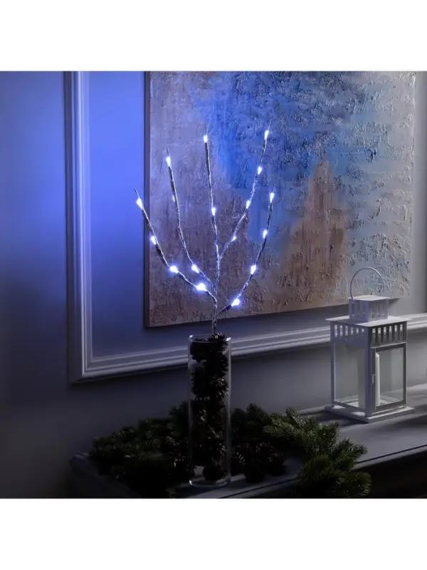 Светодиодная ветка 70 см, 20 LED, серебристая, от батареек AAх2, свечение белое