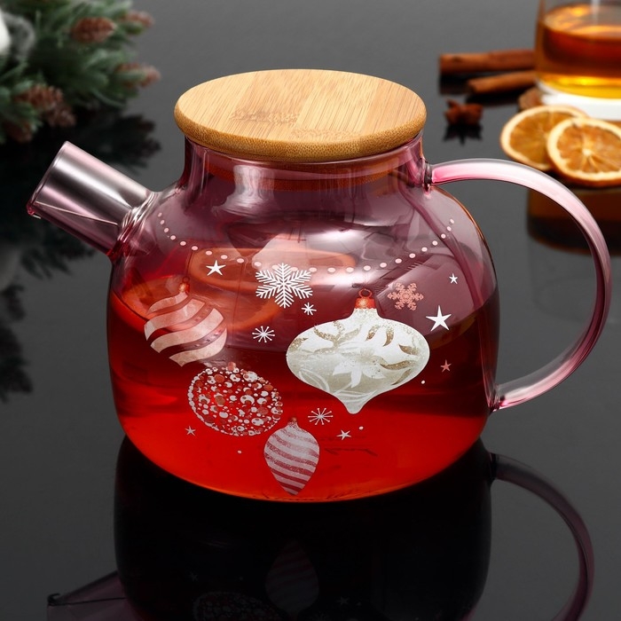 Новый год. Чайник заварочный стеклянный с бамбуковой крышкой «Розовая сказка», 1000 мл Новый год. Чайник заварочный стеклянный с бамбуковой крышкой «Розовая сказка», 1000 мл