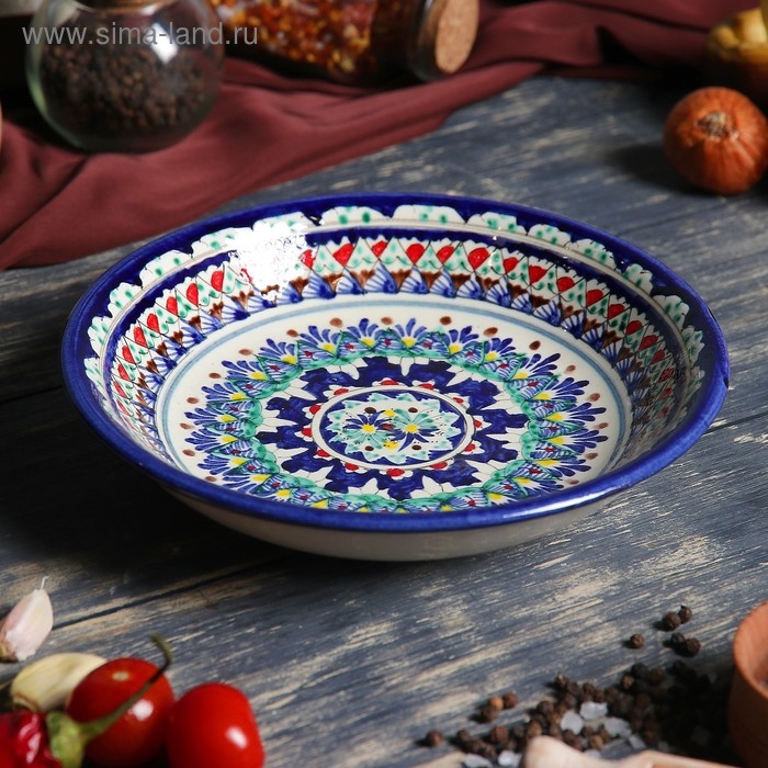 Тарелка Риштанская Керамика Тарелка Риштанская Керамика "Узоры", синяя, глубокая, 20 см