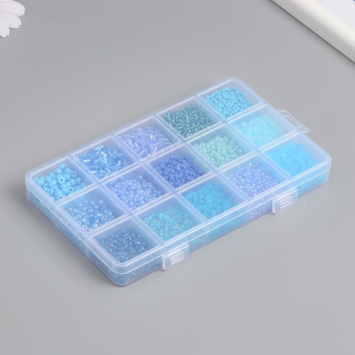 Бисер стекло 6/0, 8/0, 12/0 в шкатулке  Бисер стекло 6/0, 8/0, 12/0 в шкатулке "Синий" стеклярус 15,5х9,5х1,6 см