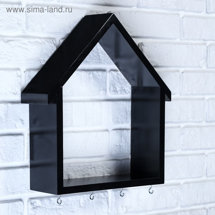 Ключница-полка Домик большая, 4 крючка, черная 36*33*10 Ключница-полка Домик большая, 4 крючка, черная 36*33*10