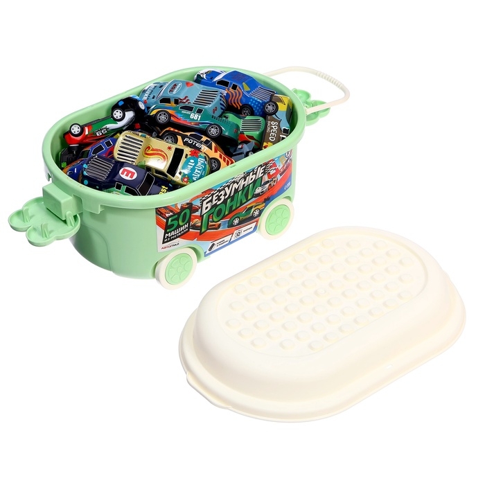 Набор машинок «Безумные гонки», металлические, инерция, игровой коврик, в детском ящике на колёсах с крышкой, 50 шт. Набор машинок «Безумные гонки», металлические, инерция, игровой коврик, в детском ящике на колёсах с крышкой, 50 шт.