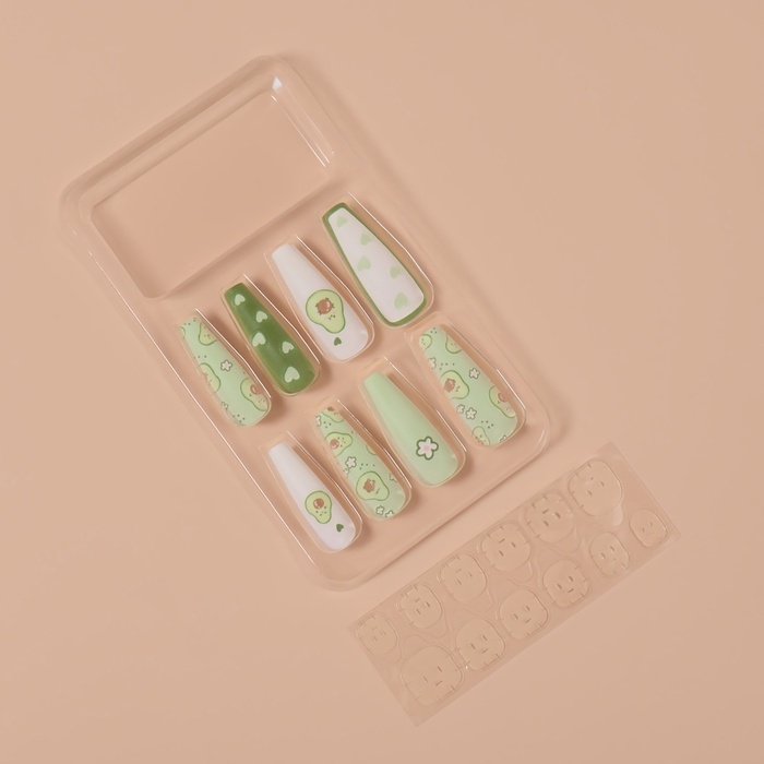 Накладные ногти «Авокадо», 12 шт, с клеевыми пластинами, форма балерина, цвет зелёный/белый Накладные ногти «Авокадо», 12 шт, с клеевыми пластинами, форма балерина, цвет зелёный/белый