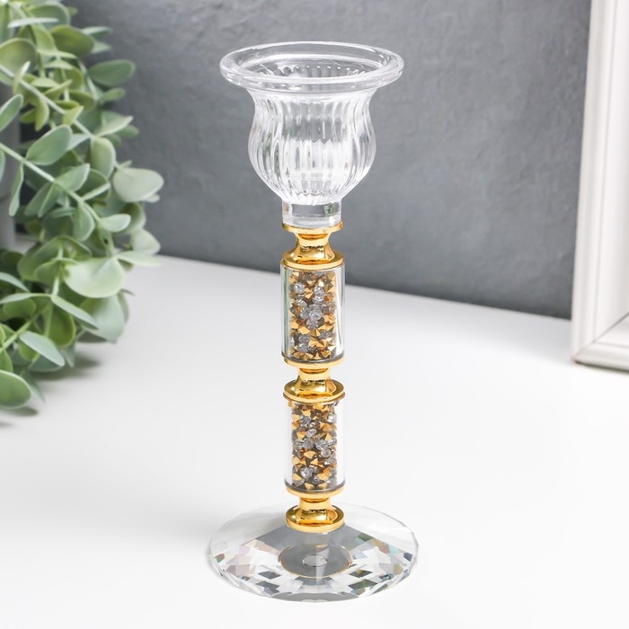 Подсвечник стекло на1 свечу Подсвечник стекло на1 свечу "Ребристый на ножке со стразами" с золотом d=2,5 см 7х7х16 см