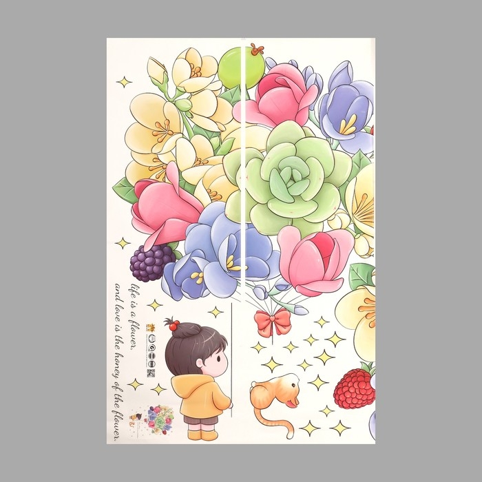 Наклейка пластик интерьерная цветная Наклейка пластик интерьерная цветная "Девочка с котиком и букетом" 2 листа 30х90 см