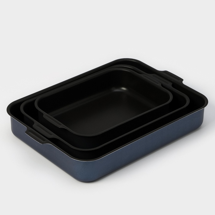 Набор противней «Лазоньера», 3 предмета: 19×25 см, 23×30 см, 27×35 см, h=7 см, антипригарное покрытие, цвет синий Набор противней «Лазоньера», 3 предмета: 19×25 см, 23×30 см, 27×35 см, h=7 см, антипригарное покрытие, цвет синий