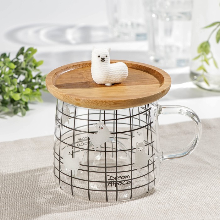 Кружка стеклянная с деревянной крышкой «Лама», 300 мл, рисунок МИКС Кружка стеклянная с деревянной крышкой «Лама», 300 мл, рисунок МИКС