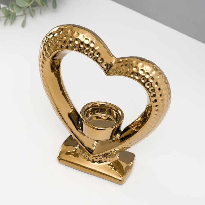 Подсвечник керамика на 1 свечу  Подсвечник керамика на 1 свечу "Сердце на подставке" d=4 см золото 17х5,5х19,5 см