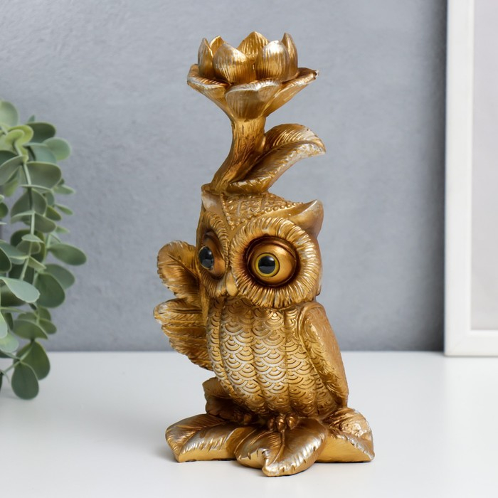 Подсвечник полистоун подставка  Подсвечник полистоун подставка "Филин Генрих пучеглазый с цветком" бронза 21х8,5х12 см