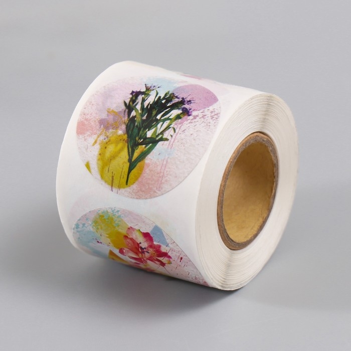 Наклейка бумага Наклейка бумага "Цветочная акварель" d=3,8 см 252 шт в рулоне
