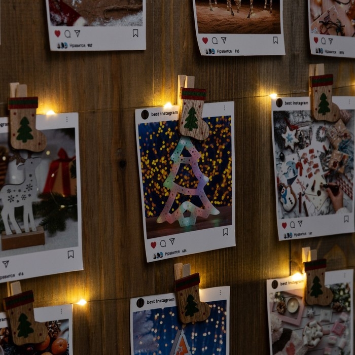 Гирлянда «Нить» 2 м роса с насадками «Прищепки-чулок», IP20, серебристая нить, 20 LED, батарейки ААх2 (не в комплекте), свечение тёплое белое Гирлянда «Нить» 2 м роса с насадками «Прищепки-чулок», IP20, серебристая нить, 20 LED, батарейки ААх2 (не в комплекте), свечение тёплое белое