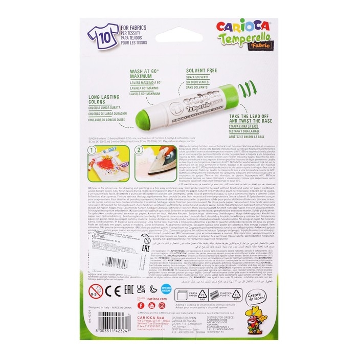 Маркер - стики для ткани 10 цветов, Carioca Маркер - стики для ткани 10 цветов, Carioca "Temperello Fabric", яркие цвета, картон, европодвес