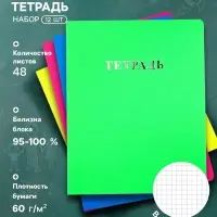 Комплект 12 тетрадей, 48 листов в клетку, 60 г, матовая обложка